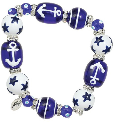 Kate & Macy Anchors Away Nautical Ocean Sea Coastal Beach Life Women's Painted Glass & Acrylic Beads Rhinestones Elasticized Stretch Bracelet Jewelry Made by Clementine Design.