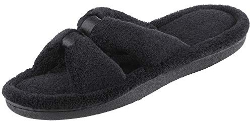 isotoner Women’s Indoor/Outdoor Slip-on Microterry X-Slide Slippers with Satin and Memory Foam Comfort , Black, 8.5-9 US