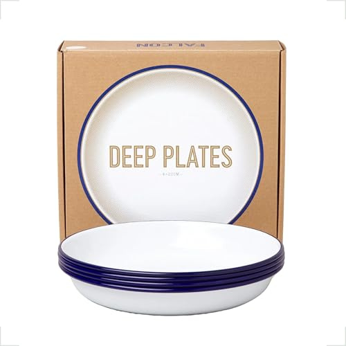 Falcon Enamelware Enamel Deep Plates Set of 4 - White with Blue Rim