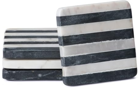 Thirstystone Marble Black & White Striped Coasters with Protective Cork Backing 4 Square Absorbent, Artistic, Elegant