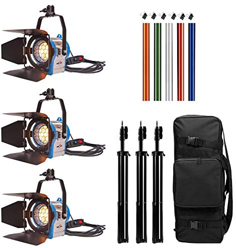 PYXEL STUDIO Fotográfico Kit de Iluminación Fresnel de Tungsteno Mandarin Dimmer: 3X Fresnel 300 W, 3X Soportes de Luz, 3X Bombillas Halógenas, 1x Bolsa de Trípode, 5X Filtros de Gelatina y 6X Clips