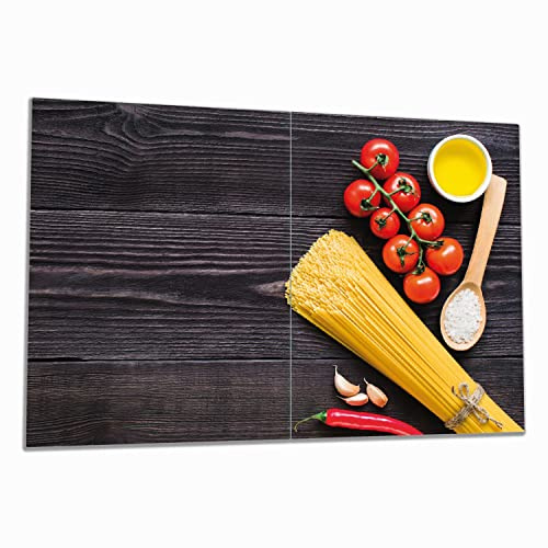 Wallario Herdabdeckplatte/Spritzschutz aus Glas, 2-teilig, 80x52cm, für Ceran- und Induktionsherde, Italienisches Menü mit Spaghetti, Tomaten, Salz und Chilischoten