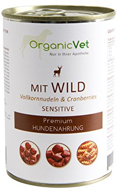 OrganicVet Hund Nassfutter Sensitive Wild mit Vollkornnudeln und Cranberries, 6er Pack (6 x 400 g)