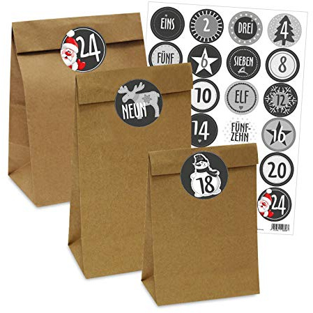 OLShop AG Adventskalender 25 Papiertüten Verschiedene Größen mit 24 Zahlenaufklebern Schwarz/Weiß