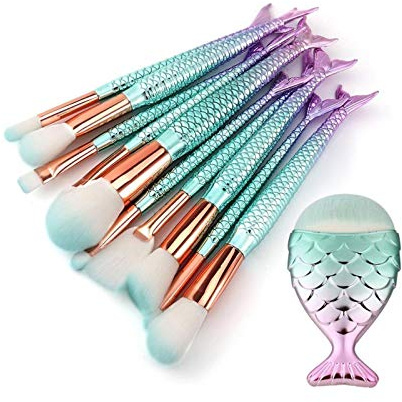 Lot de 10 pinceaux de maquillage professionnels en forme de queue de poisson