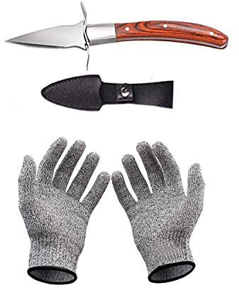 Set con coltello per ostriche e guanti resistenti al taglio, apricostriche, guanti protettivi per conchiglie o formaggi duri. Oyster Knife (cucina, giardinaggio, fai da te) (Marrone, Grande)