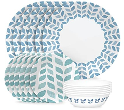 Corelle Global Collection Vitrelle 18-Piece Dinnerware Set, Triple Layer Recycled Glass, Lightweight Eco-Friendly Round Plates and Bowls Set, Northern Pines