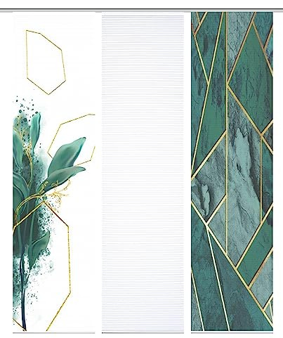 HOME in green 84058 | SIGNUM Schiebegardine recyceltes Polyester Bambusoptik 245x60, Farbe:grün, Größe:245 x 60 cm, Anzahl:3er Set (1x Uni. 1x Bedruckt. 1x Bedruckt)
