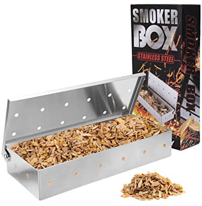 Affumicatore Box in Acciaio Inox Smoker Box Portatile BBQ Scatola da Fumo con Coperchio a Cerniera per Barbecue a Gas e Barbecue a Carbonella