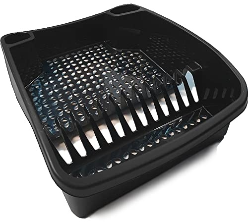 KetoPlastics Large Dish Drainer Rack Kitchen Sink Draining Board Countertop Dish Cup Glass Plate Drying Draining Board with Cutlery Drainer Utensil Holder Plastic - 48 x 39 x 11cm - Black