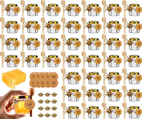 DnayDkiy Kleine Honiggläser, Honigglas mit Honiglöffel, Kleine Honigbehälter mit Bienen Anhänger, Mini Honigtöpfe, Honiggeschenke, Mini Gläser für Baby Shower, Hochzeit Gastgeschenk, 40 Stück 45ml