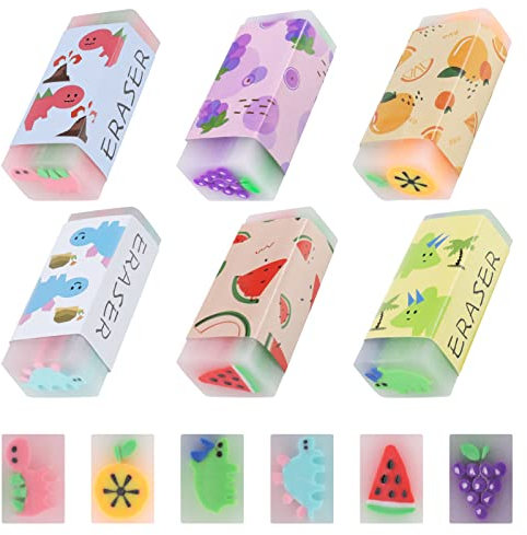 Tao Pipe Radiergummi Set - 6 Stück Kinder Mitgebsel Mit Dinosaurier-Muster und Fruchtgeschmack - Für Schulen, Skizzen, Büro und Zeichen