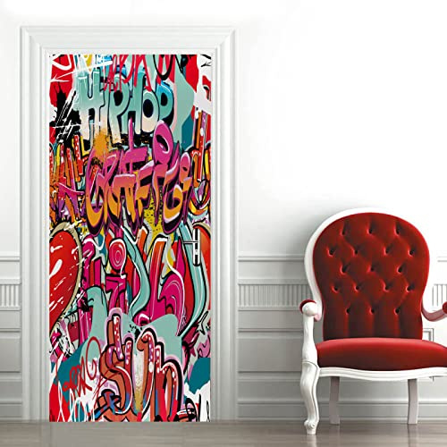 3D Türposter Türtapete Buntes Graffiti Türtapete selbstklebend TürPoster Fototapete Türfolie Poster DIY Selbstklebende Wandbild PVC Wasserdichte Tapete B77 x H200cm