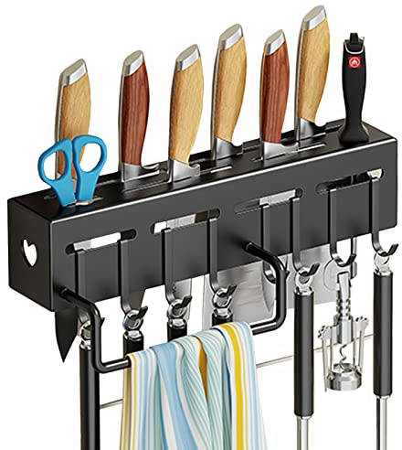 Tuzsocr 50,8 cm Wand-Utensilien-Messerregal, Edelstahl-Messerblock, Utensilien-Aufbewahrungsregal, selbstklebender Kleber, mit 8 Haken, für Zuhause, Küche, Kochgeschirr, Küchenmesser-Organizer (30 cm)