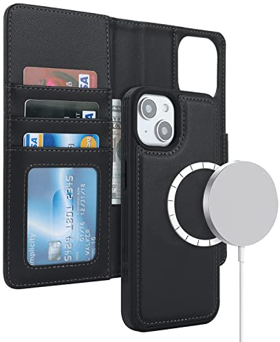 ELTEKER Hülle für iPhone 13/14, Klapphülle, Schwarz | 2-in-1 Abnehmbare Magnetische, Kabelloses Laden Kompatibel, Kartenfach, PU-Leder, Stoßfest