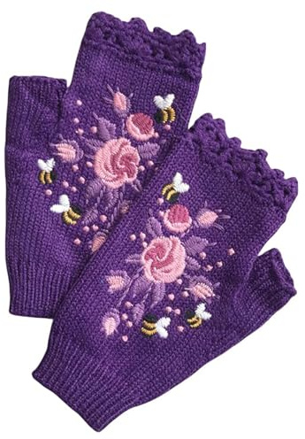 CHENRI 1 Paar Handbestickte Handschuhe, Damen Fingerlose Handschuhe, Strick Pluswärmer Handstulpen, Halb Fingerhandschuhe, Winter Armstulpen Handschuhe, Blumen Handschuhe für Frauen Mädchen (Lila)
