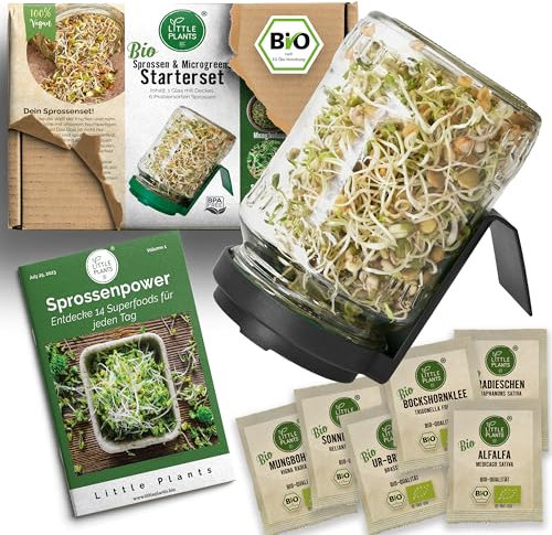 Little Plants Sprossenglas Set + 6 x Bio Sprossen Samen in 5 verschiedenen Farben inkl. Sprossen Ebook Keimglas (Anthrazit)
