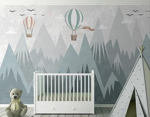 Fototapete 3D Effekt Tapeten 3D Geometrisches Berg-Heißluftballon-Kinderzimmer Wohnzimmer Schlafzimmer Flur Modern Vlies Tapete Vliestapete Wandtapete 350Cm(W)*256Cm(H)