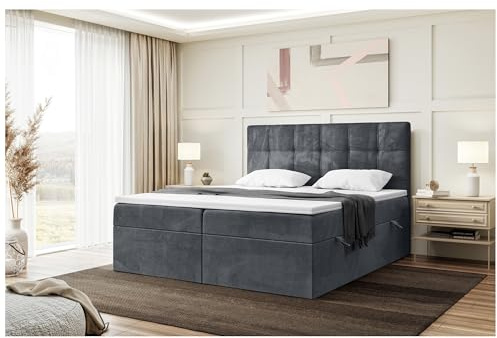 MEBLINI Boxspringbett mit Bettkasten - 180x220 - H3/Dunkelgrau Samt - Kai - Gepolstert Doppelbett mit Matratze und Topper - Polsterbett mit Stauraum - Bett mit Kopfteil - Stauraumbett