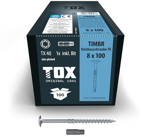 TOX Holzbauschrauben TIMBR TK 8,0 x 100 mm, 50 Stk. | Blau verzinkt, Tellerkopf TX40, für Holzbau, hohes Anpressen und leichtes Eindrehen, inkl. Bit, 1120804180100