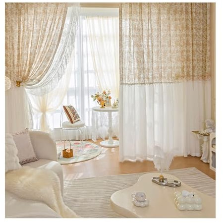Bishilin Gardinen Kaffee Halbtransparent 96x138CM, Vorhänge 2er Set Ösen Spitze mit Blumen Muster Bicolor Polyester Gardinen Lichtdurchlässig Küche Wohnzimmer Kinderzimmer