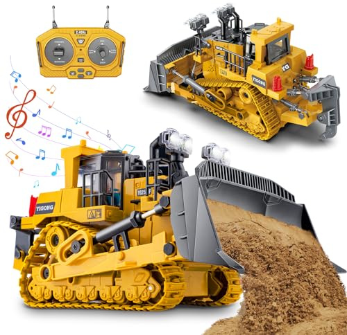 Samtop Rc Bulldozer Toys - Remote Control Bulldozer Construction Vehicles Trucks for Boys Kids Age 6 7 8-12 - Metal RC Electric Tractor Loader Toys with Light and Sound - 3-5 Birthday
