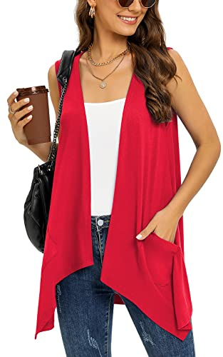 Wiwclo Cárdigans modernos sin mangas para mujer, chaleco ligero con bolsillos, casual, suave, de punto, con frente abierto, dobladillo alto y bajo, M