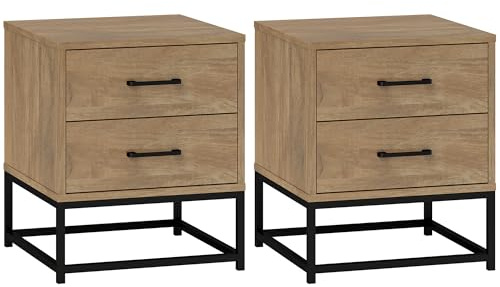 HOMCOM Juego de 2 mesillas de Noche con 2 cajones, Mesa Auxiliar de Estilo Industrial para Dormitorio, salón, Dim. 40 x 39,5 x 48 cm Acabado Madera Natural