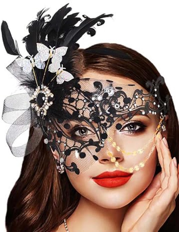 IYOU Frauen Maskerade Maske Feder Maske Schwarz Carnival Masken für Damen | Venezianischen Ball Metall Augenmaske