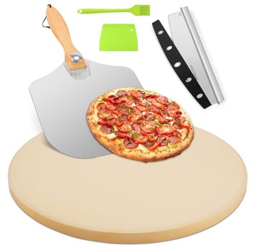 GOFOWRK Pizza Stone 5 PCS Set, 38 cm Large Round Pizza Stone Set for Oven & Outdoor Grill with Metal Pizza Peels & Cutter Rocker, 1.5 cm Thickened Stone Pizza Pan, Grill Baking Stone for Pizza, Bread