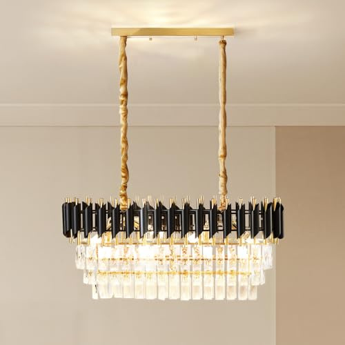 Warmiehomy Modern Crystal Chandeliers 3 Tiers, Chandeliers Ceiling Light Adjustable Hanging Chain, Oval Crystal Pendant Lights for Living Room, Bedroom, E14x8 Lights, L80*H32cm (Black and Gold)