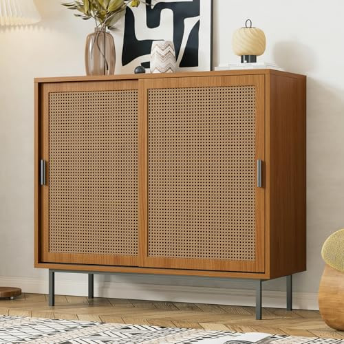Komoda con 2 puertas corredizas, aparador de cocina con estantes ajustables y superficie de trabajo, cómoda de estilo rústico, cómoda de madera y ratán, aparador de cocina para salón, comedor, nogal