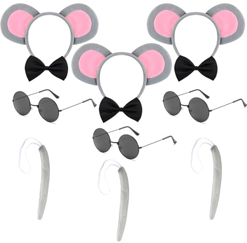 Mouse Costume Accessories Set of 12 with Mouse Ears Headband, Tail Glasses Bow Tie Decoration, Mouse Cosplay Costume Children Adults for Halloween Carnival Party
