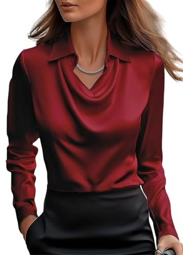 MorFansi Camicia Donna in Raso di Seta con Collo a Cascata Elegante Maniche Lunghe Unita Shirts Classico Tops Bluse (Rosso,L)