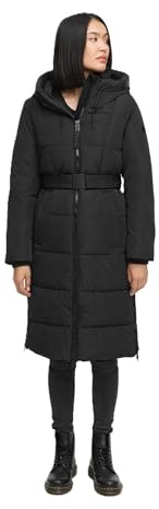 Navahoo Damen Wintermantel (XS-3XL) - gesteppt mit Kapuze, Gürtel, 6 Taschen - N072 - Schwarz Größe M - Gr.M