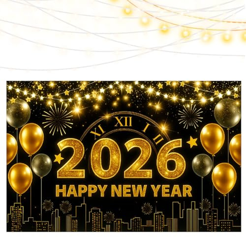 New Years Eve Decorations 2026 (71x45 Inches), Happy New Year Decorations with String Decorations, Black Gold Clock Fireworks Theme Background, Large New Year Banner for Christmas Party Decor