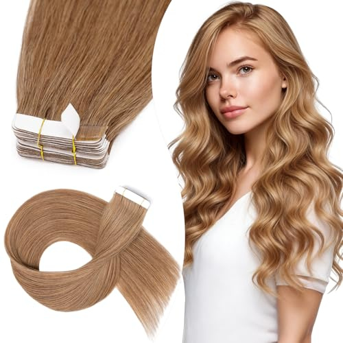 Elailite 10 Mechas Extensiones Adhesivas Cabello Natural (15g) + 10 Unidades Cinta de Repuesto Pelo Humano Sin Clip 25cm #06 Castaño Claro