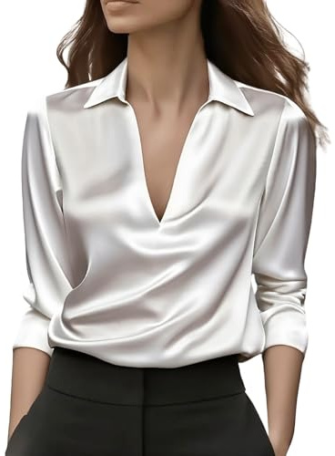 Camicetta Da Donna Elegante Camicetta Seta Con Scollo a V Blusa In Chiffon Basic Camicia In Raso Da Lavoro a Maniche Lunghe Button Down Maglietta Ufficio Classico Slik Top Business Sciolto Casual