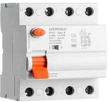 Interruttore Differenziale Puro Salvavita Tipo B Trifase 63A, RCCB Classe B 380V 3P+N 10kA 300mA/0,3A, 4 Moduli DIN, Per Wallbox di ricarica veicoli elettrici, Inverter fotovoltaici, UPS, Ascensori
