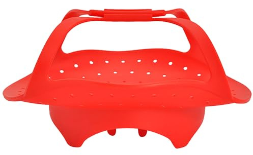 GOOHOCHY Vaporera de Silicona Plegable Roja Asas que No se Calientan, Cesta para Cocinar Verduras y Hot Dogs Adecuada para Preparaciones