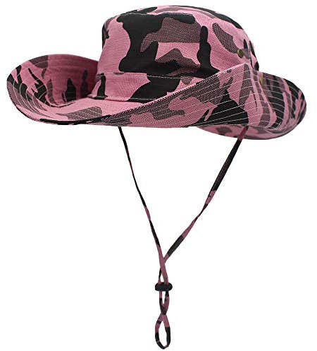 Damen Herren Outdoor Sonnenschutz Bucket Hut Fischerhut Baumwolle Two Way to Wear für Kopfumfang 55-62 cm Pink Camouflage