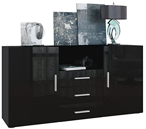 Vladon Sideboard Skadu, Kommode mit 2 Türen, 3 Schubladen und 1 offenem Fach, Schwarz matt/Schwarz Hochglanz (138,5 x 71,5 x 35 cm)