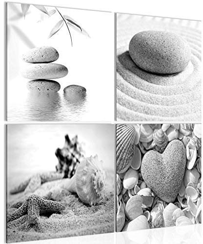 Runa Art Bilder Strand Steine 4 Teilig Bild auf Vlies Leinwand Schlafzimmer Wohnzimmer 60 x 60 cm Herz Schwarz Weiss 501644c