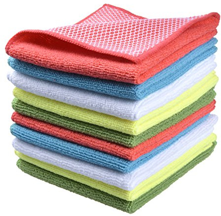 SINLAND Microfiber Dish Cloths for Washing Dishes Towels Best Kitchen Washcloth Cleaning Rags Cloths with Poly Scour Side - Used for Plates, Bowls and Dishes, 5 Color Assorted 12inchx12inch 10pack