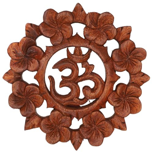 Geschnitztes Wandbild Deko Wandrelief Om aus Holz, handgefertigt, Ø 14 cm | Einzigartiges Wandschmuck-Unikat, individuelle Maserung, ideal für jeden Raum, aus Indonesien.