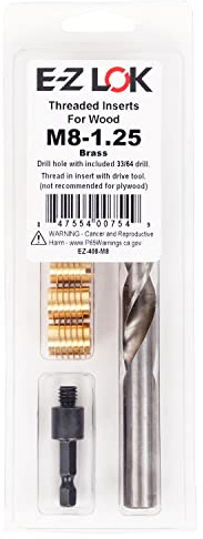 E-Z LOK 400-M8 Threaded Inserts for Wood, Installation Kit, Brass, Includes M8-1.25 Knife Thread Inserts (5), Drill, Installation Tool