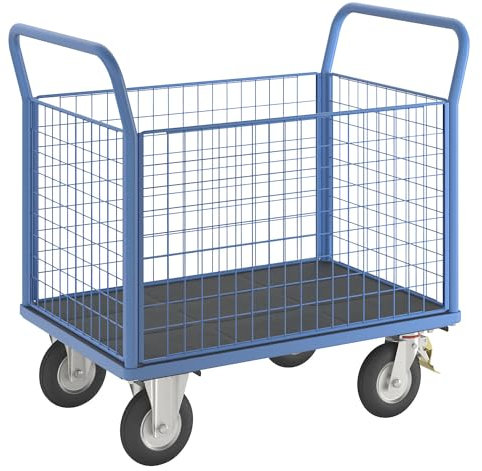 eurokraft | Plattformwagen | 4 hohe Gitterwände | LxB 1050 x 700 mm | Luftreifen