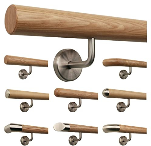 TIBU Esche Holz Handlauf Geländer 0,3m - 6m, Länge 240 cm, Ende gefast und 4 gewinkelte Halter