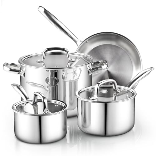 Cook N Home 7-teiliges dreilagig verkleidetes Edelstahl-Kochgeschirr-Set, Töpfe und Pfannen Küchenset mit Deckel aus gehärtetem Glas, Induktionsfertig, spülmaschinengeeignet, Silber