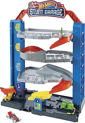 Hot Wheels GNL70 - Hot Wheels City Stunt Garage-Spielset, Geschenk für Kinder von 3 bis 8 Jahren, mit Aufzug zu den oberen Ebenen, lässt Sich mit Anderen Sets verbinden